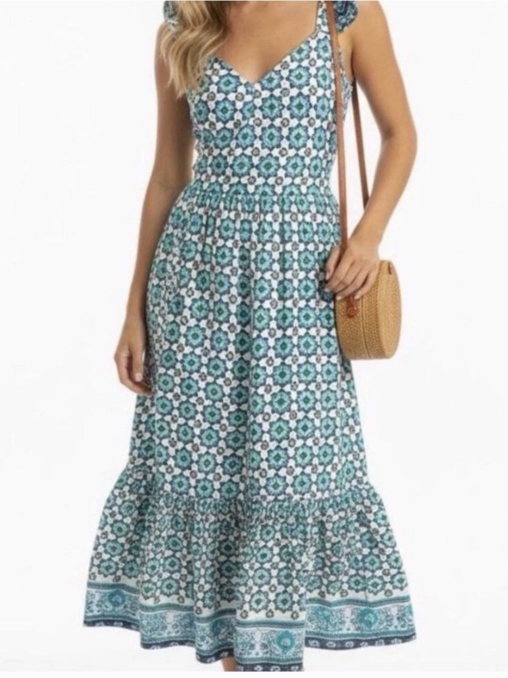 Lucky Brand Teal Blue White Maxi Dress Sleeveless Pockets Medium Block Print
